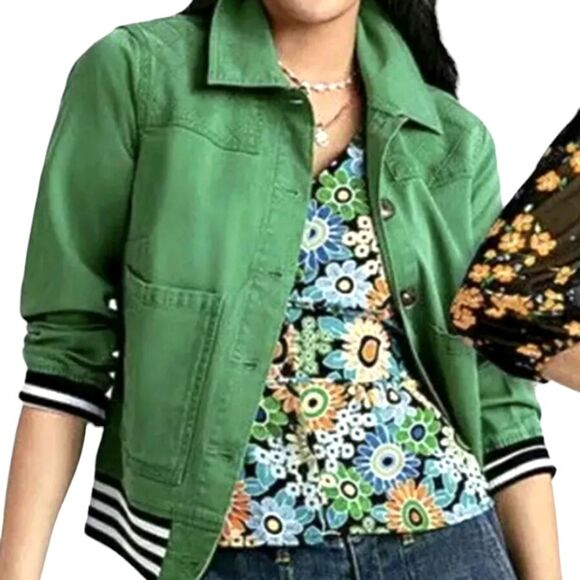 CAbi Happy Top 5900 Blouse Retro Short Sleeve Floral Button Peplum Green‎ Blue M - Picture 16 of 16